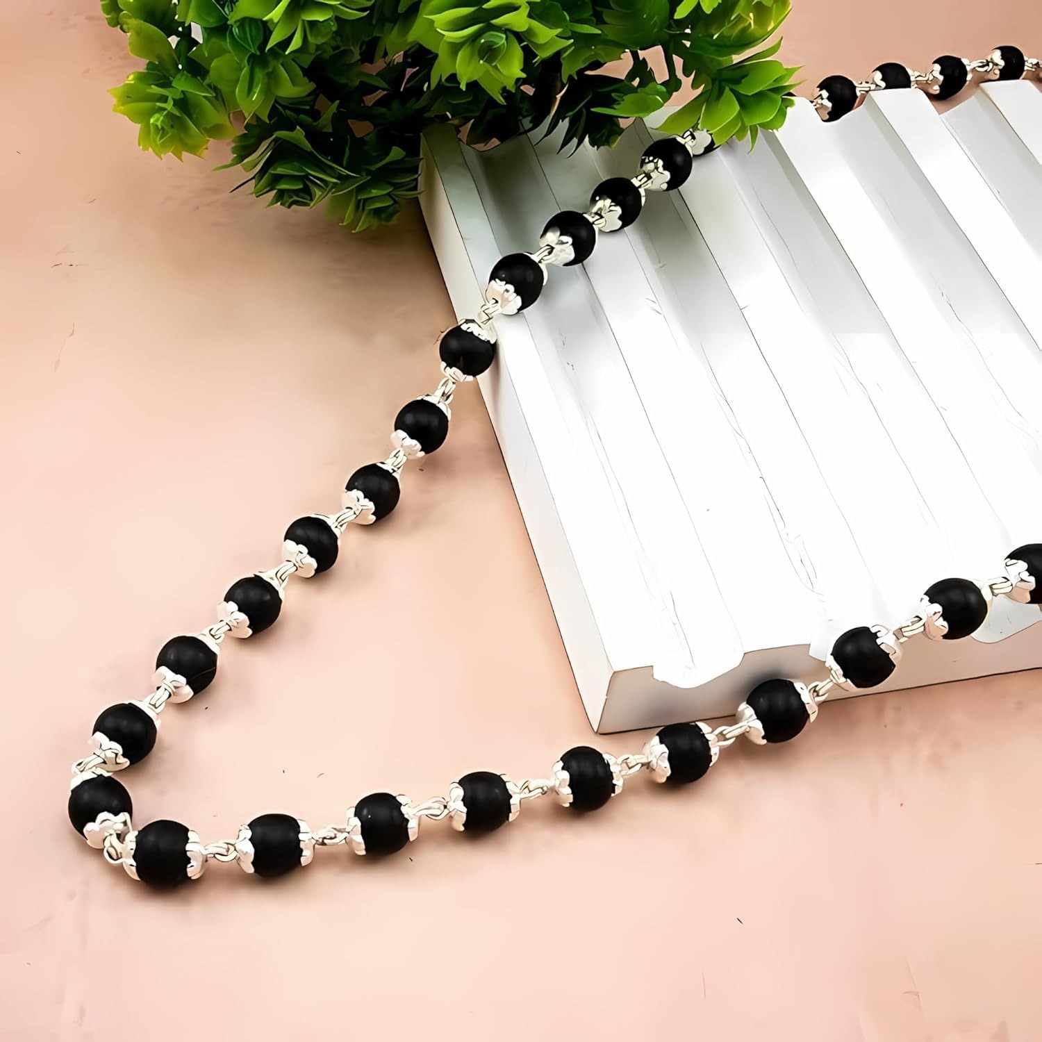 SMILEME Original Karungali Mala Silver Capped - Natural Ebony Wood Bead Chain Necklace for Men & Women (108/54 Beads, Black)